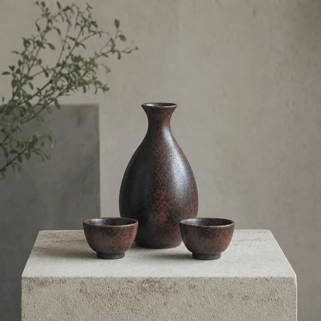 An iron-red tenmoku carafe with two small footed cups on a plaster plinth, a sprig of leaves behind.