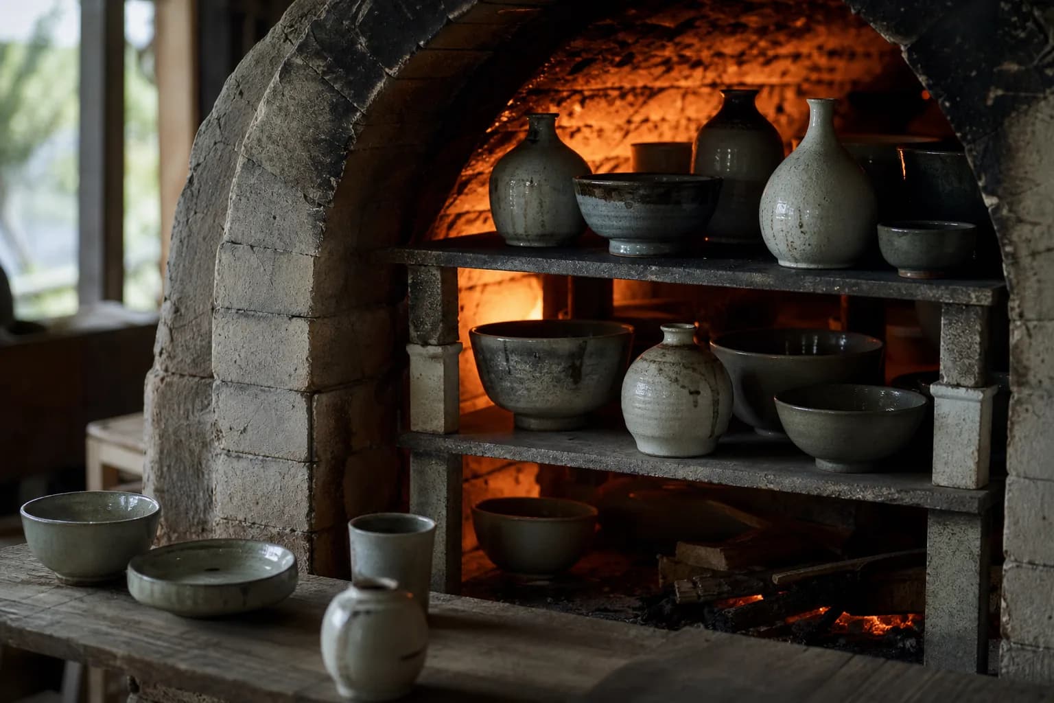Glazed bowls and bottles on kiln shelves inside a brick wood-fired kiln, lit orange by the embers below.