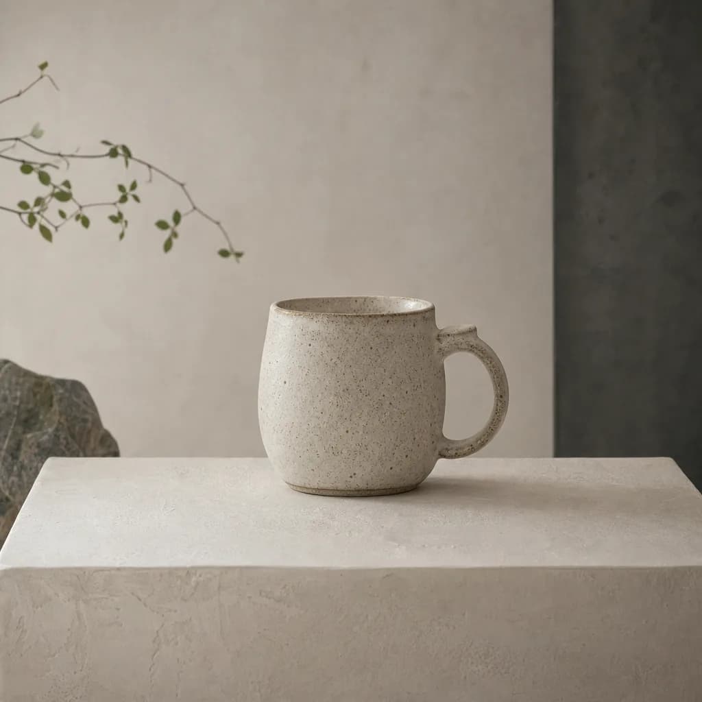 A round-bellied speckled oat stoneware mug with a thick looped handle, on a pale plaster plinth.