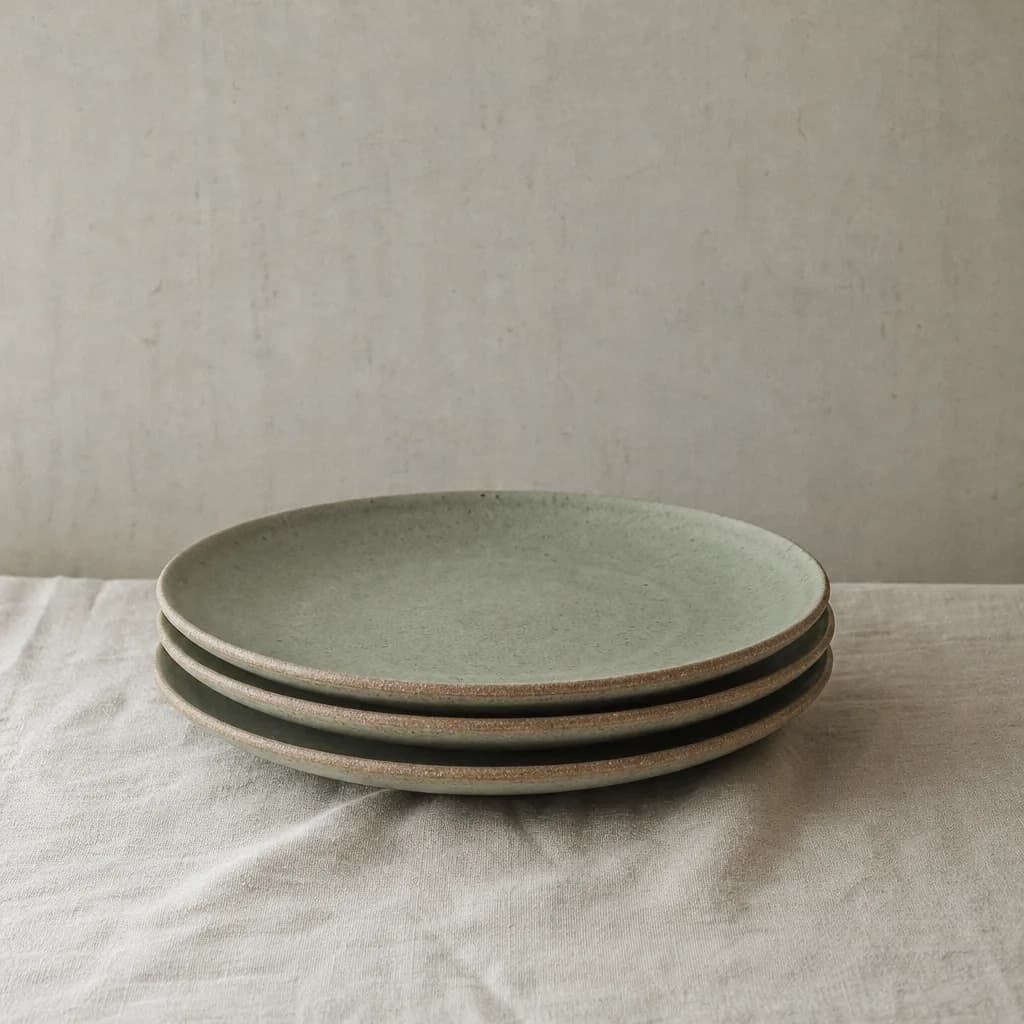 Three sage celadon dinner plates stacked on a linen cloth, their raw clay rims showing at the edges.