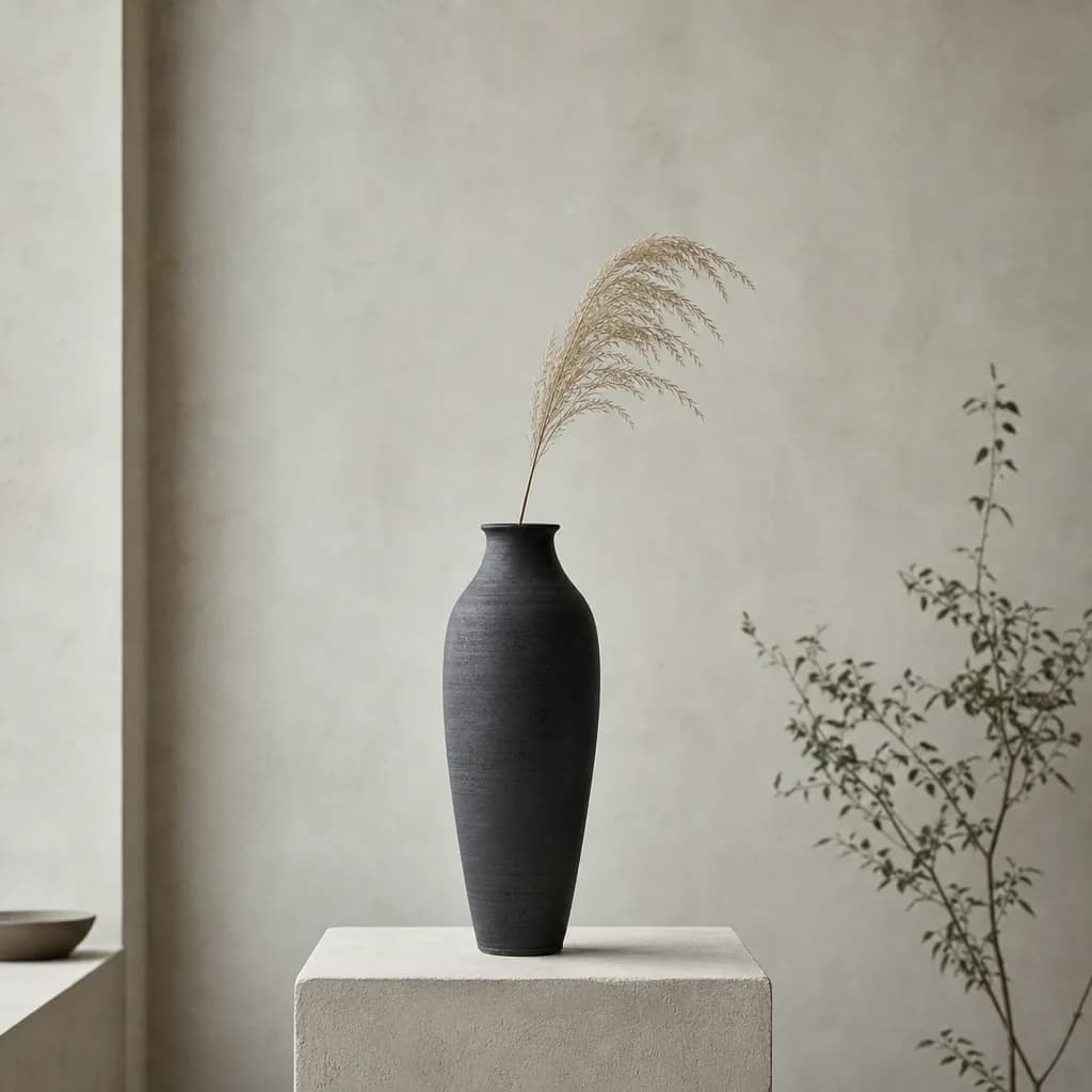 A tall, slender charcoal matte vase holding a single stem of dried feather grass, on a plaster plinth.