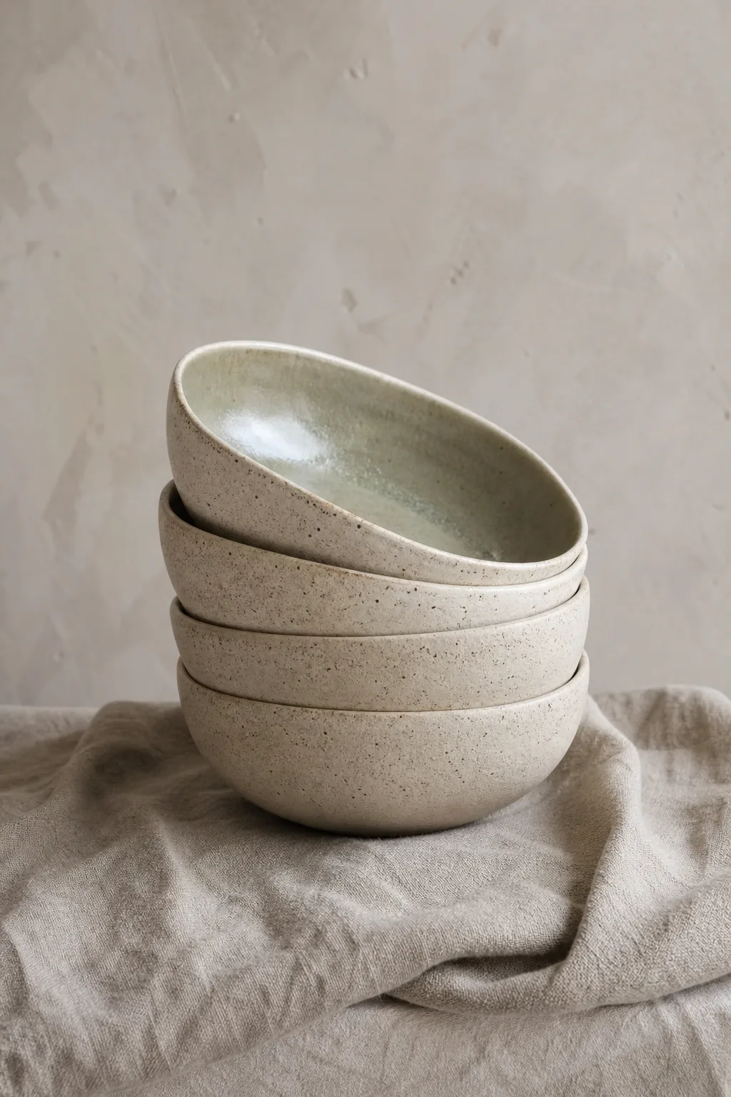 Close view of a speckled oat bowl tipped on its side, showing a glossy pale sage glaze pooled inside.